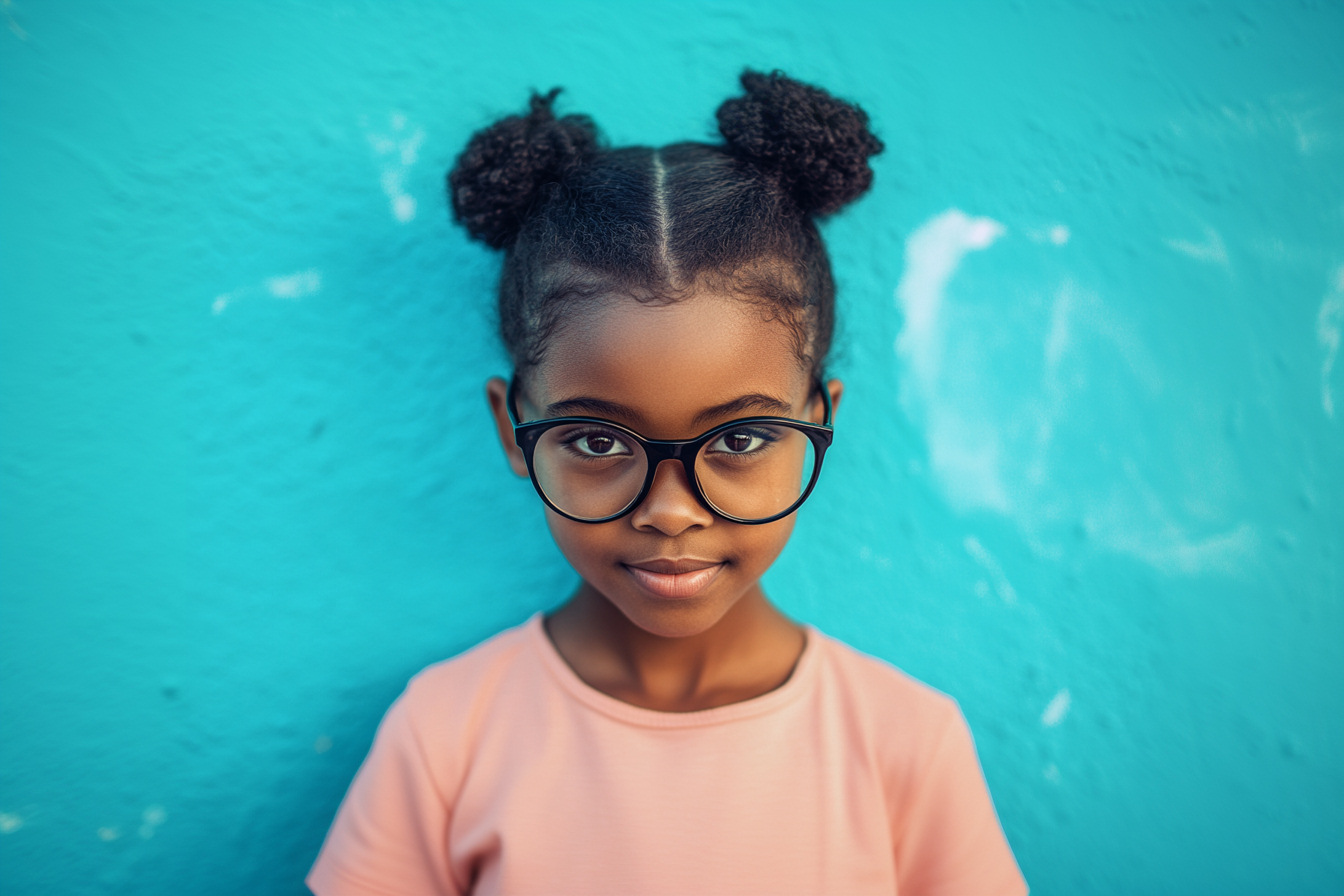 a young child wearing glasses with thick lenses – AI generated image