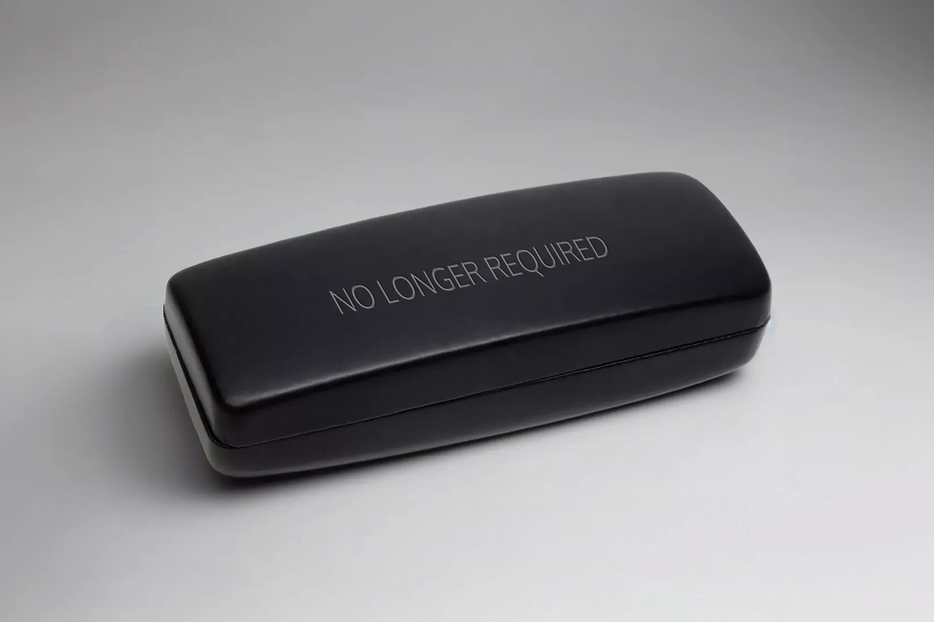 glasses case with the words 'no longer required'