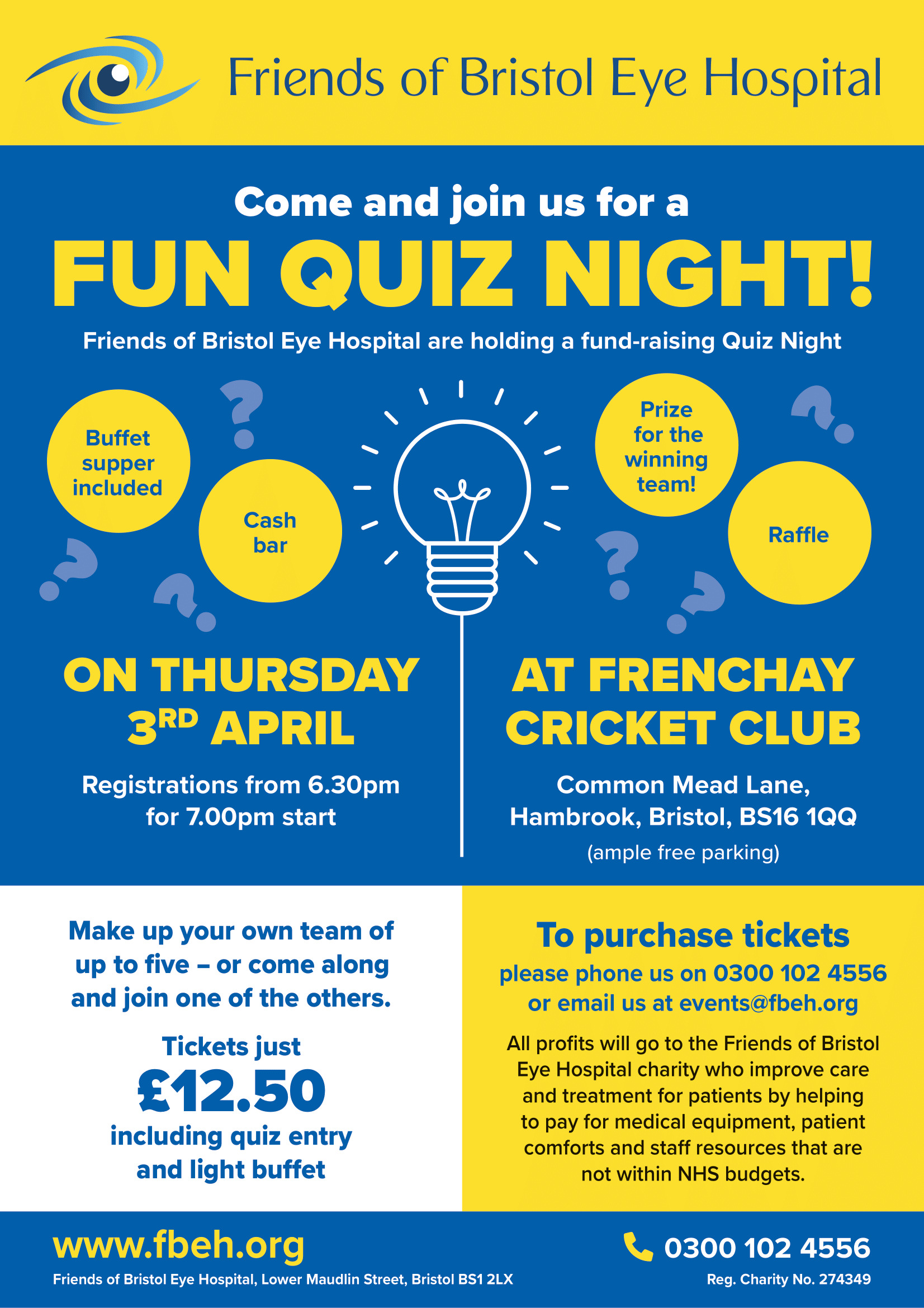 Friends of Bristol Eye Hospital are holding a fund-raising Quiz Night at Frenchay Cricket Club – 3rd April 2025